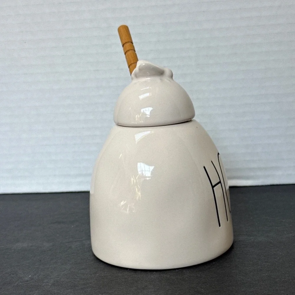 Rae Dunn Honey Pot Ceramic Jar with Lid and Wooden Dipper Bee Finial White